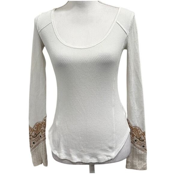 We the Free White Scoop Neck Waffle Knit Thermal Bandana Crochet Cuff Sz XS Boho - Picture 2 of 10